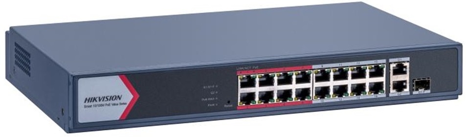 Switch Administrable de 16 puertos 100Mbps PoE 130W+ 1 Puertos Uplink 1000Mbps + 1 Puerto Combo RJ45 - SFP HIKVISION